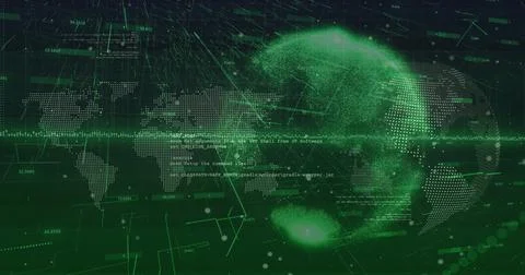 Image of globe and world map over data processing 스톡 일러스트