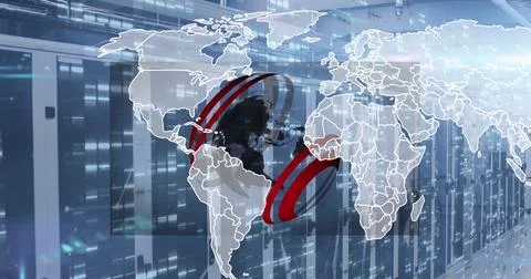 Image of globe and world map over server room Stock Photos