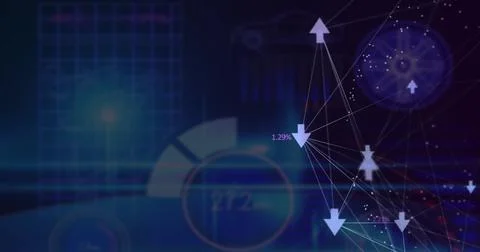 Image of globe of arrow icons with increasing numbers over interface with data Foto stock