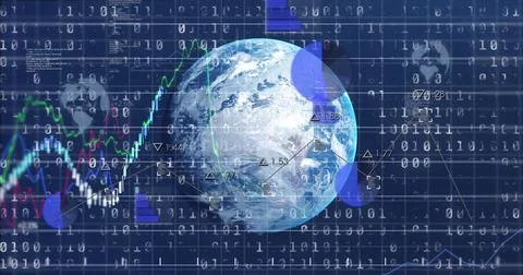 Image of globe, binary code, graphs and financial data on digital screen Stock Illustration