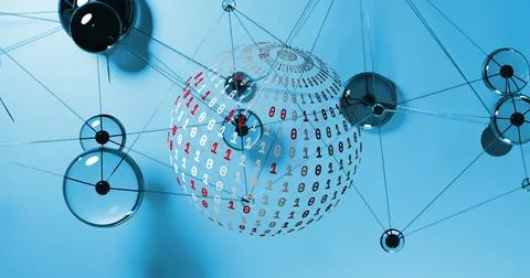 Image of globe of binary coding and connecting dots against blue gradient b.. Stock Photos