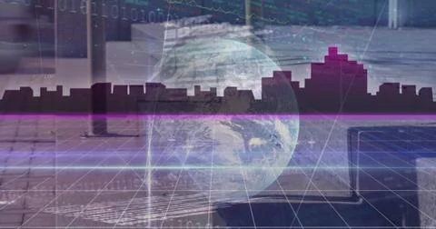 Image of globe with binary coding and networks of connections Stock Photos