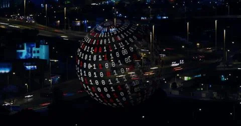 Image of globe with binary coding and data processing over cityscape Stock Photos