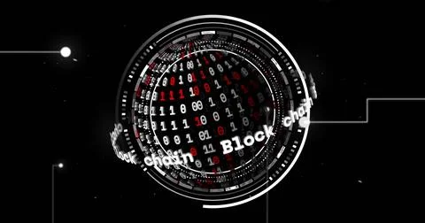 Image of globe with binary coding and data processing over black background Stock Photos