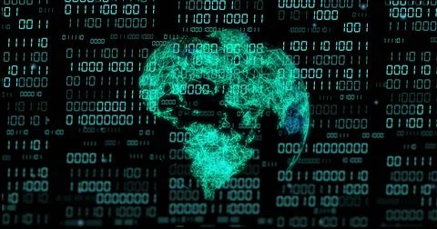 Image of globe with binary coding and data processing over dark background 스톡 사진