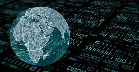 Image of globe with binary coding and data processing over dark background 库存照片