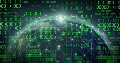 Image of globe with binary coding and data processing over dark background 库存照片