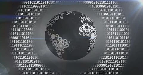 Image of globe with binary coding and data processing over dark background 库存照片