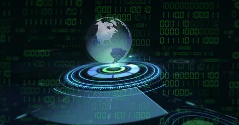 Image of globe with binary coding and data processing over dark background 库存照片