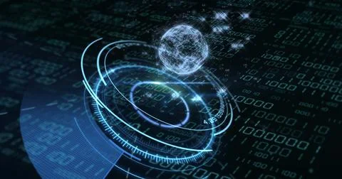 Image of globe with binary coding and data processing over dark background 库存照片