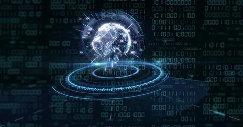 Image of globe with binary coding and data processing over dark background 库存照片