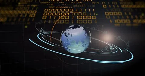 Image of globe with binary coding and data processing over dark background Stock Photos