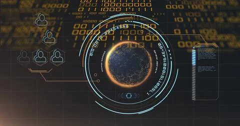 Image of globe with binary coding and data processing over dark background 库存照片