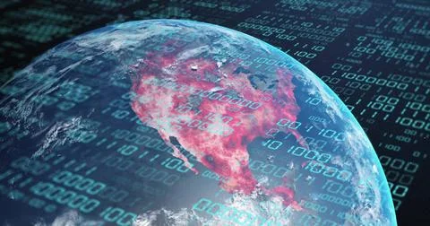 Image of globe with binary coding and data processing over dark background 库存照片