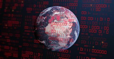 Image of globe with binary coding and data processing over dark background 库存照片