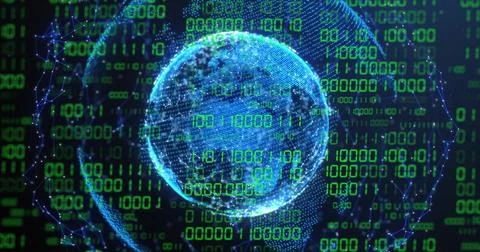 Image of globe with binary coding and data processing over dark background 库存照片