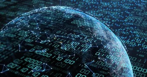 Image of globe with binary coding and data processing over dark background 스톡 사진