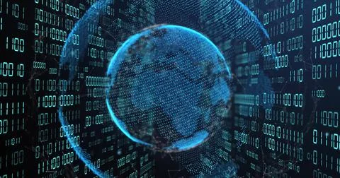 Image of globe with binary coding and data processing over dark background 库存照片