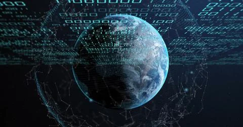 Image of globe with binary coding and data processing over dark background 库存照片