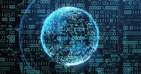 Image of globe with binary coding and data processing over dark background 库存照片