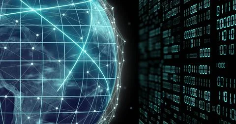 Image of globe with binary coding and data processing over dark background Stock Photos