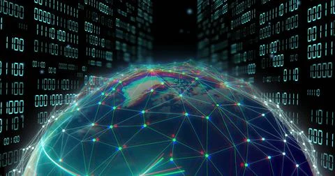 Image of globe with binary coding and data processing over dark background 库存照片