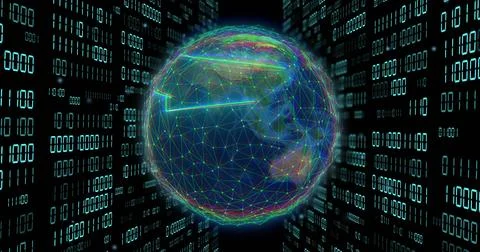 Image of globe with binary coding and data processing over dark background 库存照片