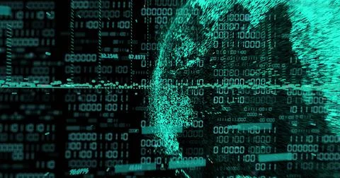 Image of globe with binary coding and data processing over dark background 库存照片