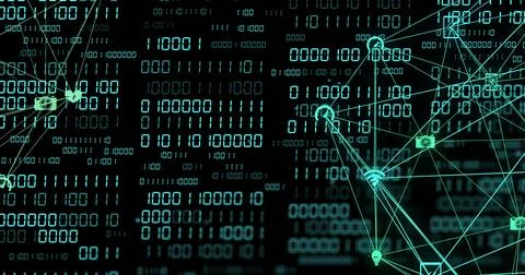 Image of globe with binary coding and data processing over dark background 库存照片