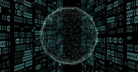 Image of globe with binary coding and data processing over dark background 스톡 사진