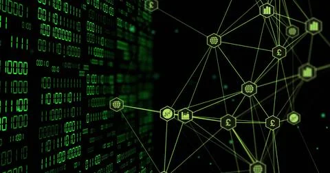 Image of globe with binary coding and data processing over dark background Stock Photos
