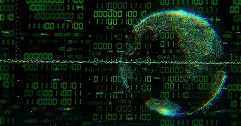 Image of globe with binary coding and data processing over dark background 库存照片