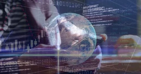 Image of globe, binary coding and financial data processing over caucasian man Stock Photos