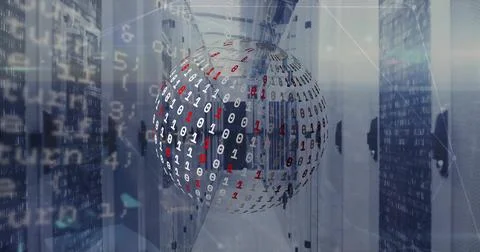 Image of globe with binary coding and data processing over computer servers 写真素材