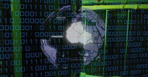 Image of globe, binary coding and data processing over computer servers 写真素材