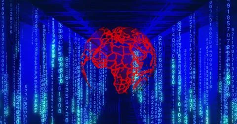 Image of globe, binary coding and data processing over computer servers 写真素材