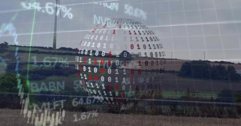 Image of globe with binary coding and digital data processing over wind turbine Stock Photos