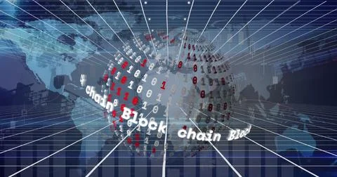 Image of globe with binary coding, network of connections and data processing Stock Photos