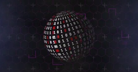 Image of globe of binary coding over shapes Stock Photos