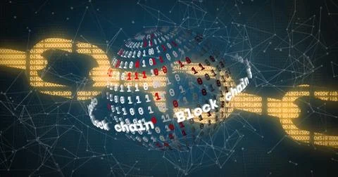 Image of globe with binary coding over network of connections on black Stock Photos