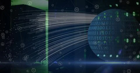 Image of globe of binary coding transferring data streams over dark computer Foto stock