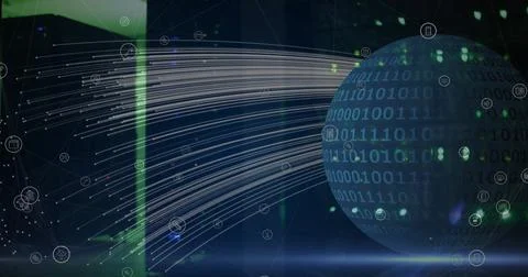 Image of globe of binary coding transferring data streams over dark computer Foto stock