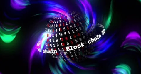 Image of globe with block chain binary coding over light trails background Stock Illustration