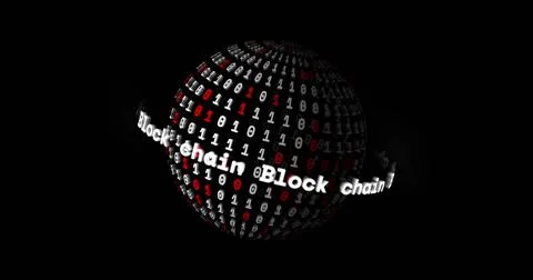 Image of globe with block chain text and binary coding spinning on black Stock Illustration