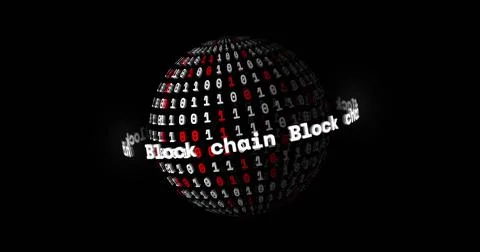 Image of globe with block chain text and binary coding spinning on black Stock Illustration