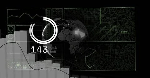 Image of globe with charts processing data and loading ring on black background Illustrazione stock