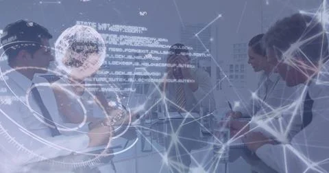 Image of globe, circle, lines, coding over caucasian frustrated ceo shouting on Stock Photos