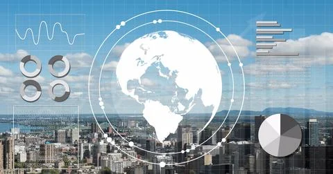 Image of globe in circles, graph, loading circles and bars, modern cityscape Stock Photos