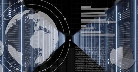 Image of globe in circles, graphs, computer language, data server racks over Foto stock