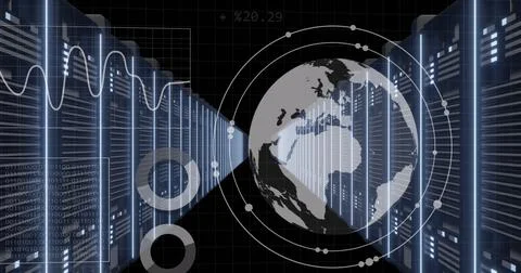 Image of globe in circles, graphs, computer language, data server racks over Stock Photos